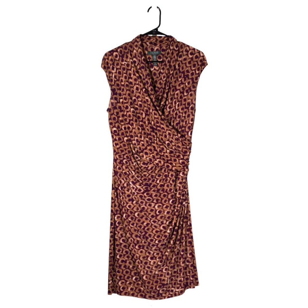 Ralph Lauren Women's Dress Brown Purple Geometric Stretch Faux Wrap Jersey 14